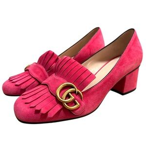 Gucci Marmont Pink and Gold Fringed Loafers Pumps